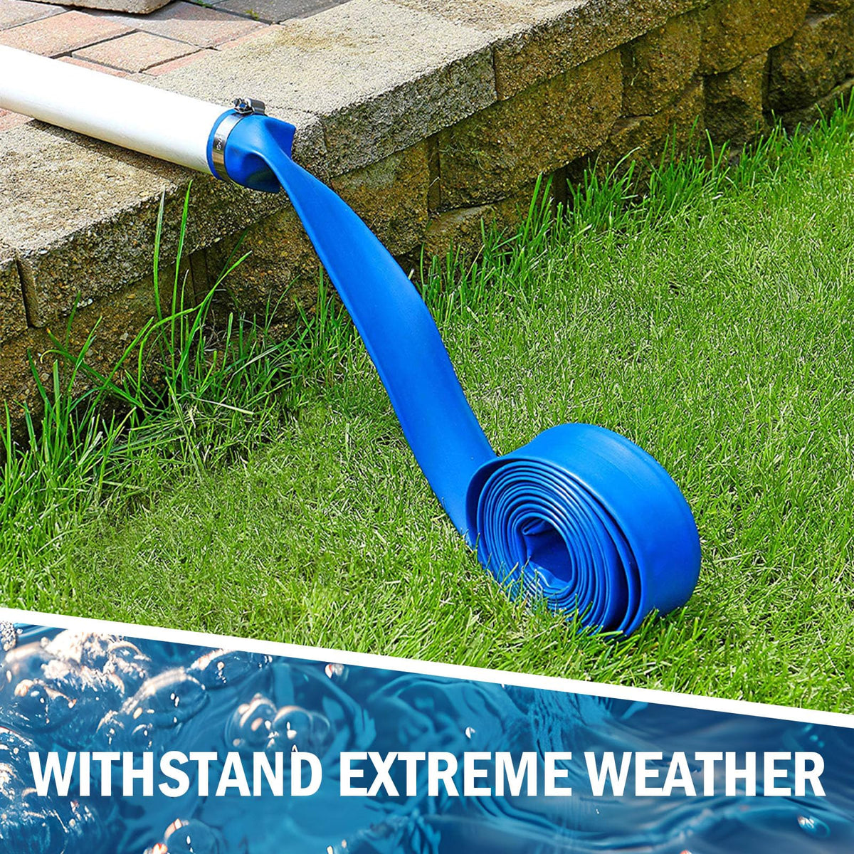Garden water transfer with HOMNUTS backwash hose in blue