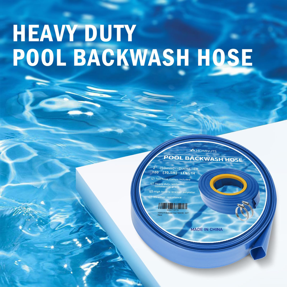 In-use shot showing HOMNUTS backwash hose draining a pool