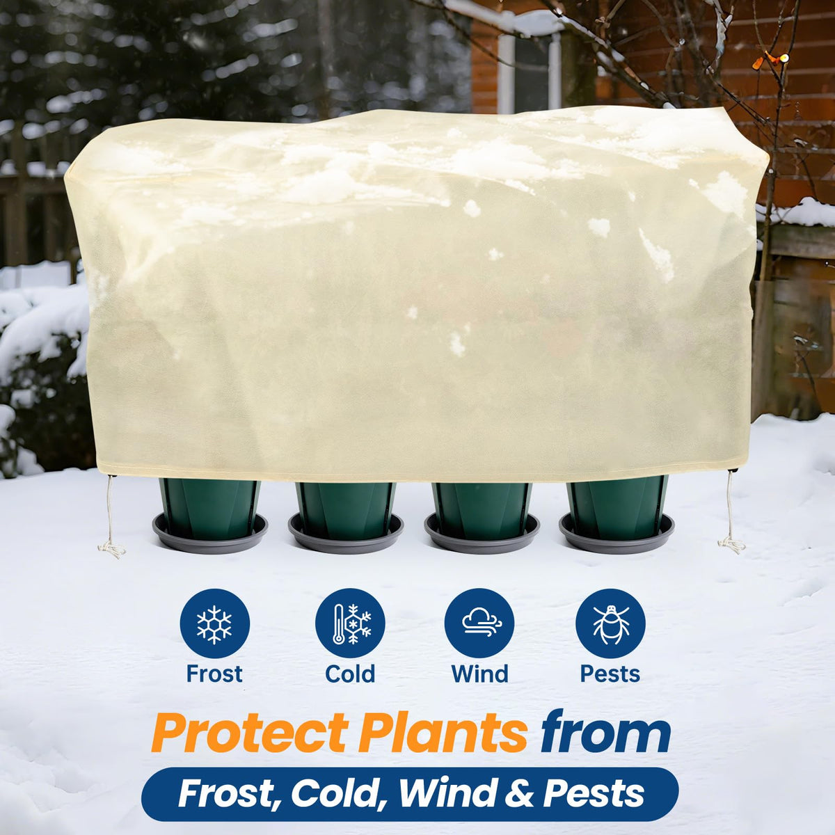 Homoda drawstring secure ends demonstrate wind-safe installation for winter gardens.