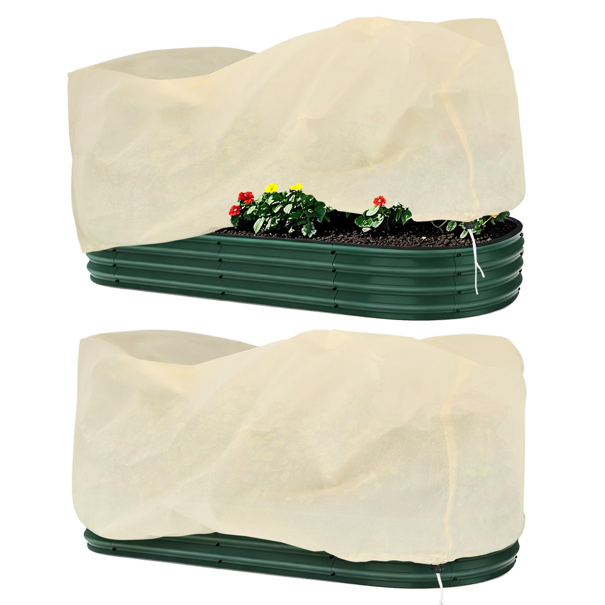 Homoda freeze protection covers draped over a raised bed shielding vegetables from frost.