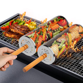HOMPER nesting grill baskets with removable wooden handles for safer grilling