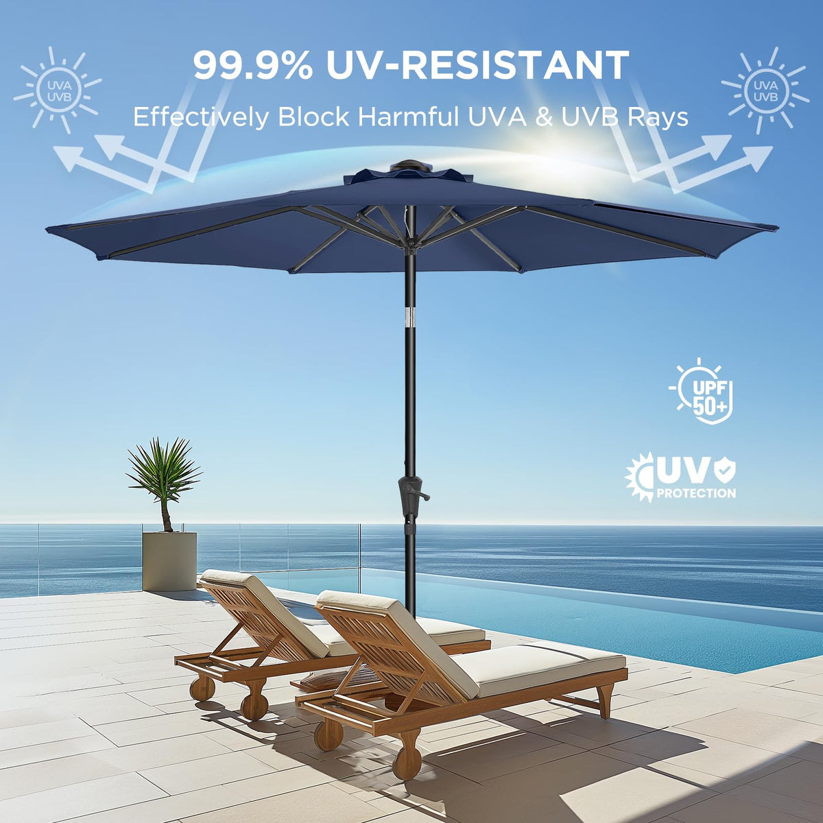 HOMSHADE 6-rib steel frame provides sturdy support for windy days.