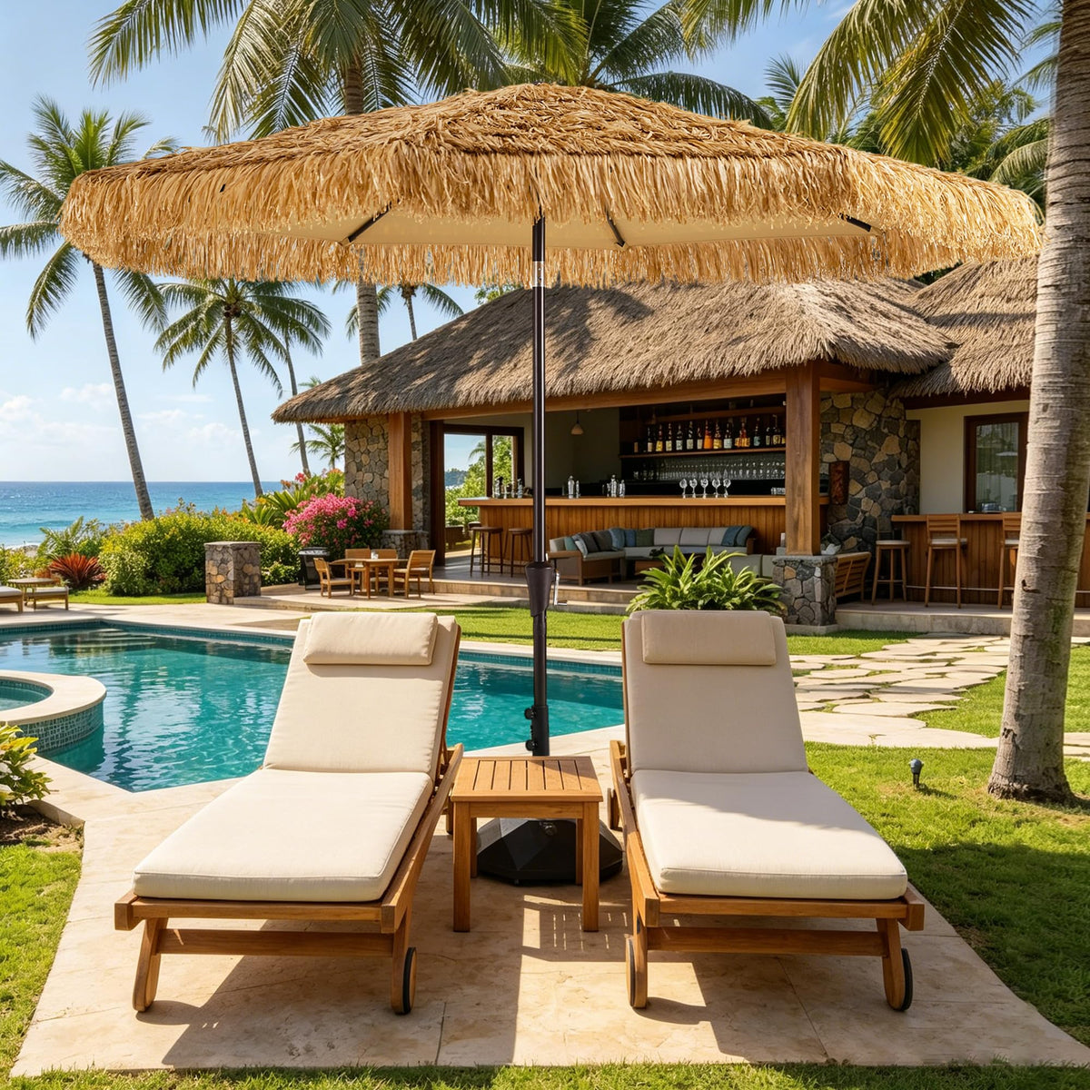 HOMSHADE 9ft Hula Thatched Umbrella closeup highlights vibrant thatch and shade