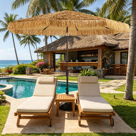 HOMSHADE 9ft Hula Thatched Umbrella closeup highlights vibrant thatch and shade