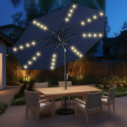 HOMSHADE 9ft solar umbrella top panel powers warm LED lights for evenings.