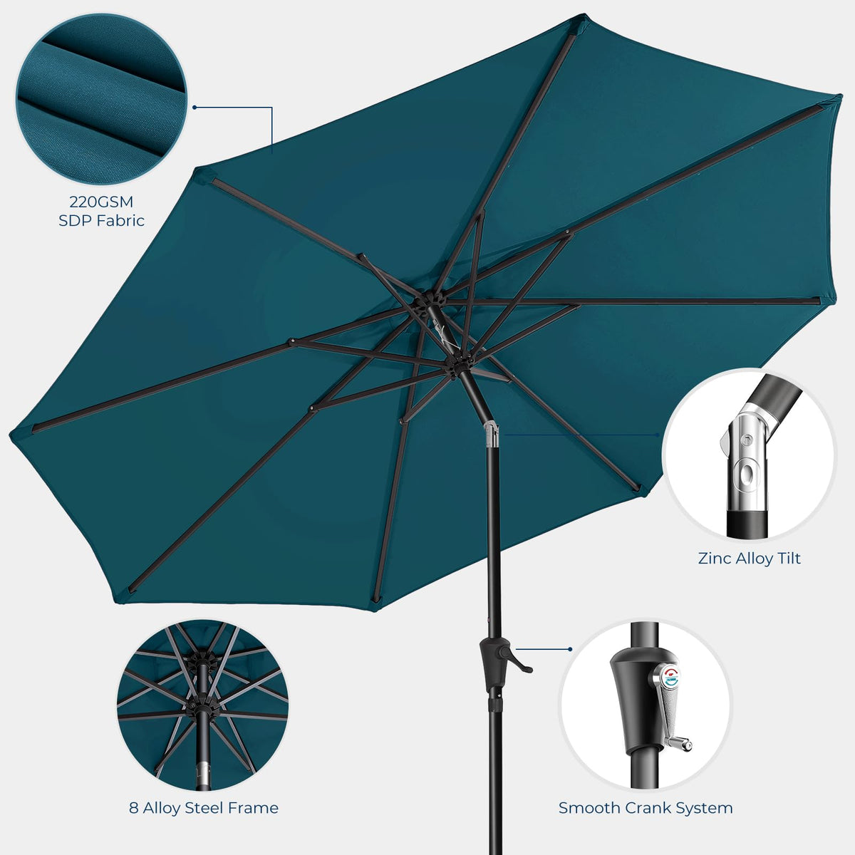 HOMSHADE peacock blue patio umbrella adds vibrant shade to outdoor spaces.
