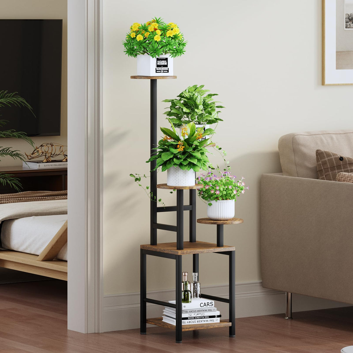 Homsorout 5-tier walnut-tray plant shelf showcasing varied heights