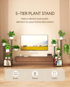 Homsorout plant stand displays several pots on a tall metal shelf indoors.