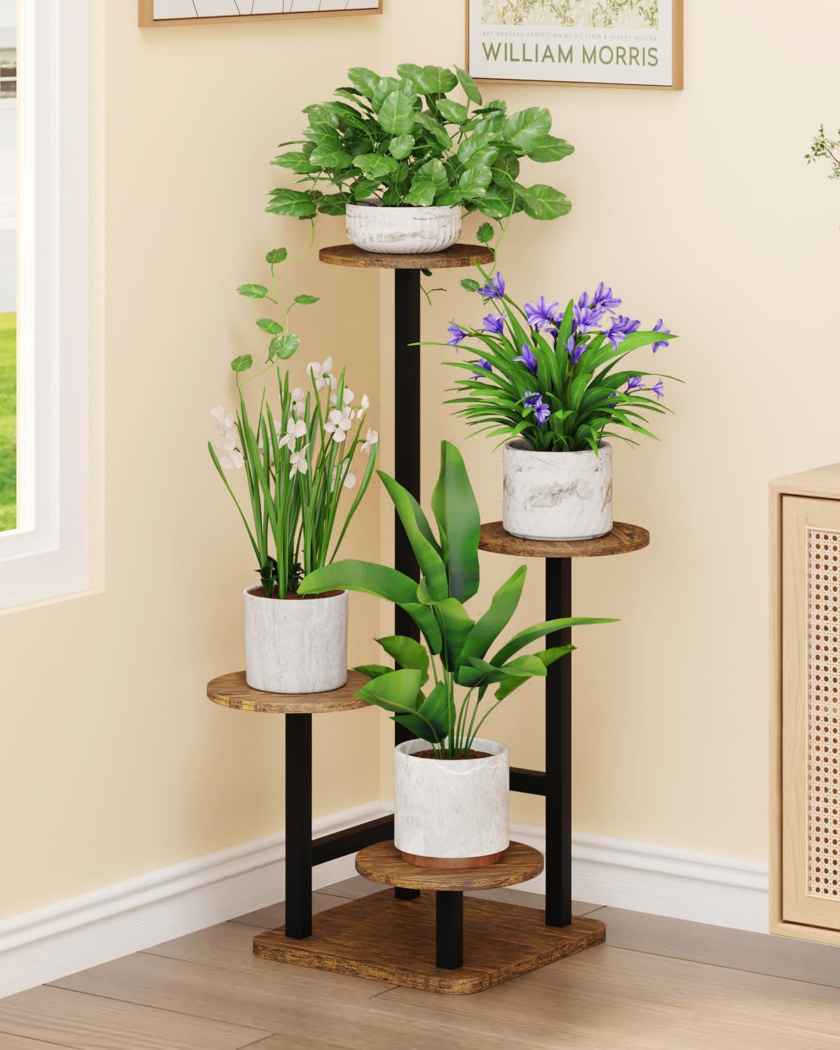 Homsorout 4-Tier Plant Stand assembly view showing compact, sturdy design for corners
