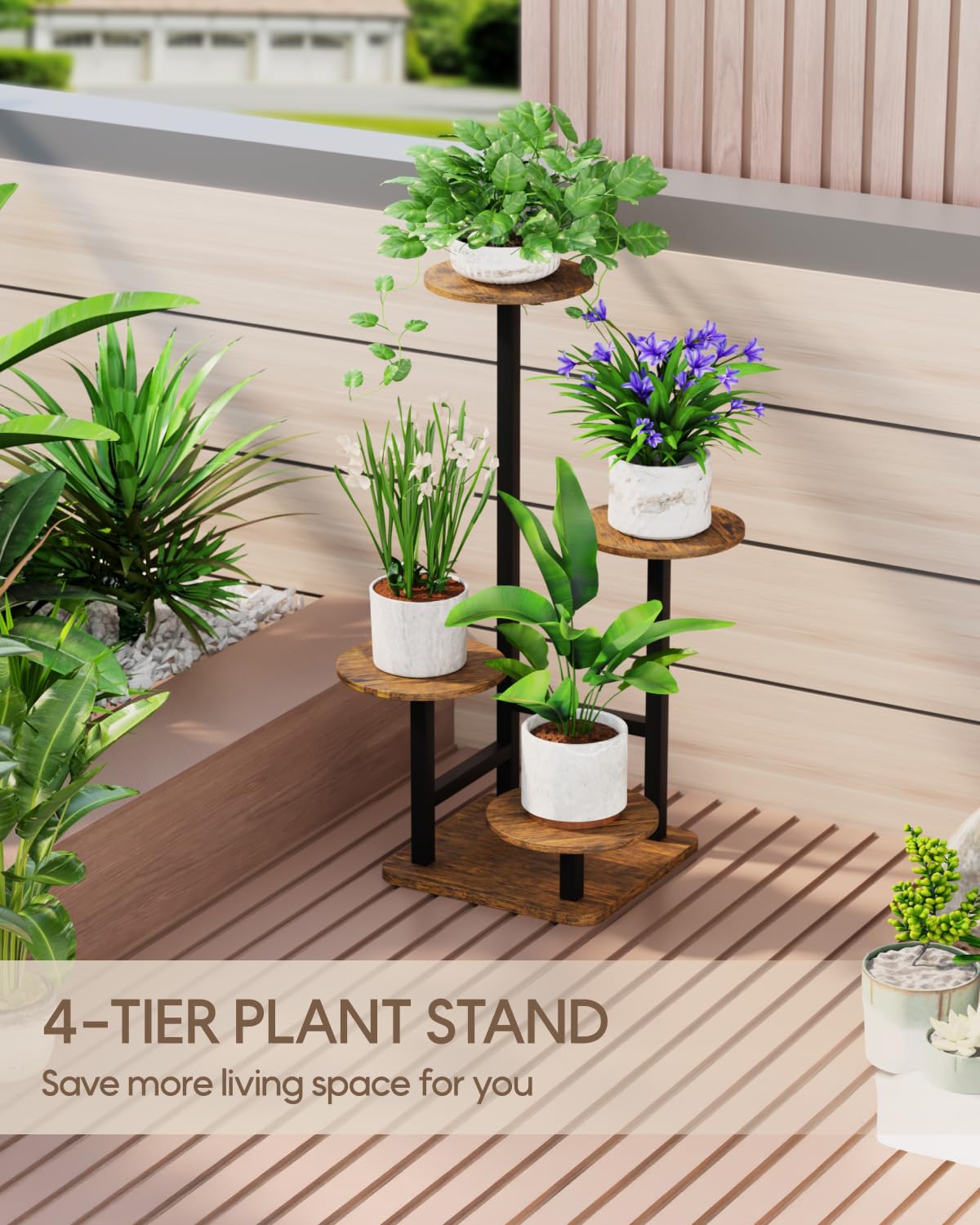 Bottom railing on Homsorout plant stand securing pots at the lowest tier