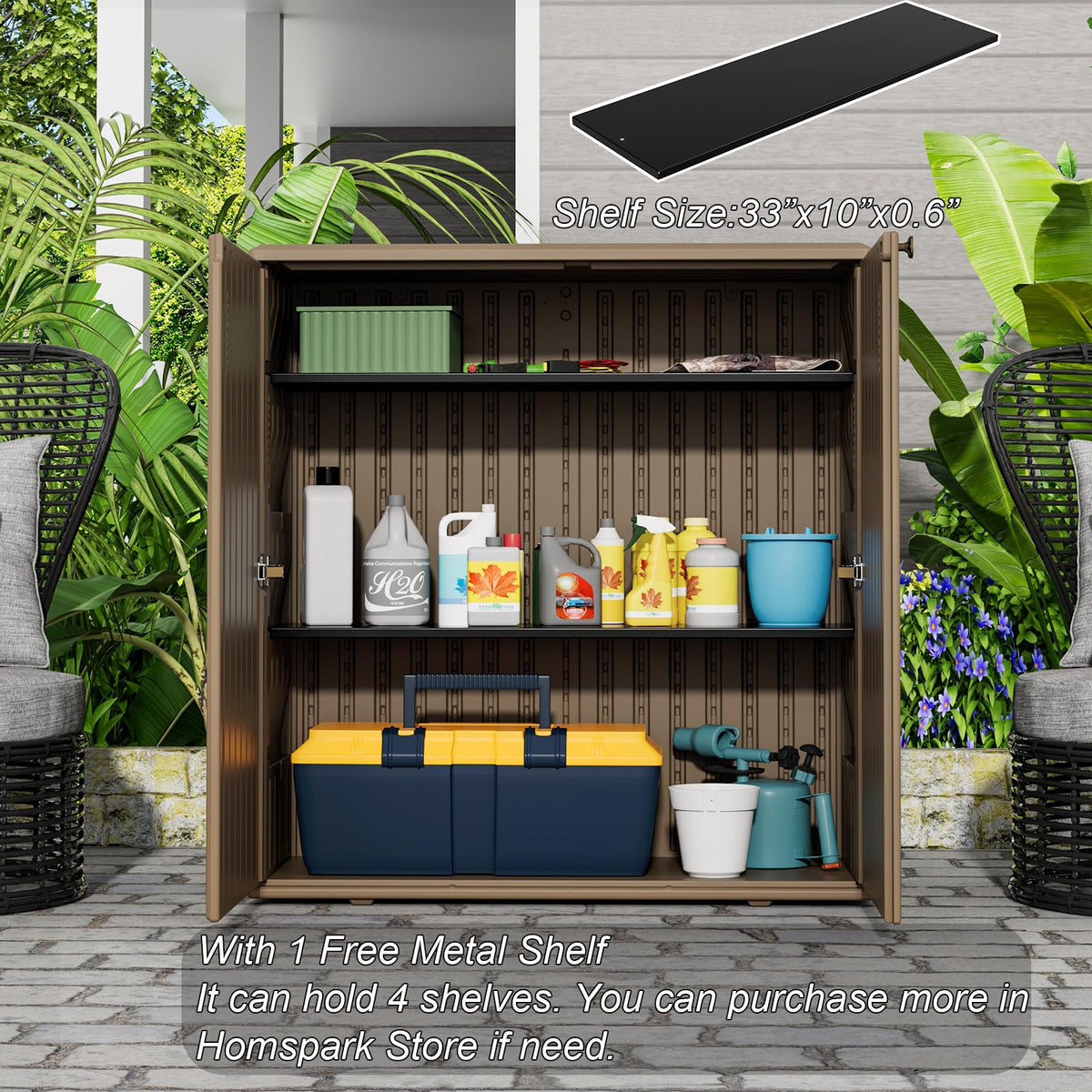 Filled HOMSPARK cabinet storing tools and cushions for patio use.