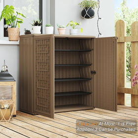 HOMSPARK outdoor storage cabinet in use beside pool and plants.