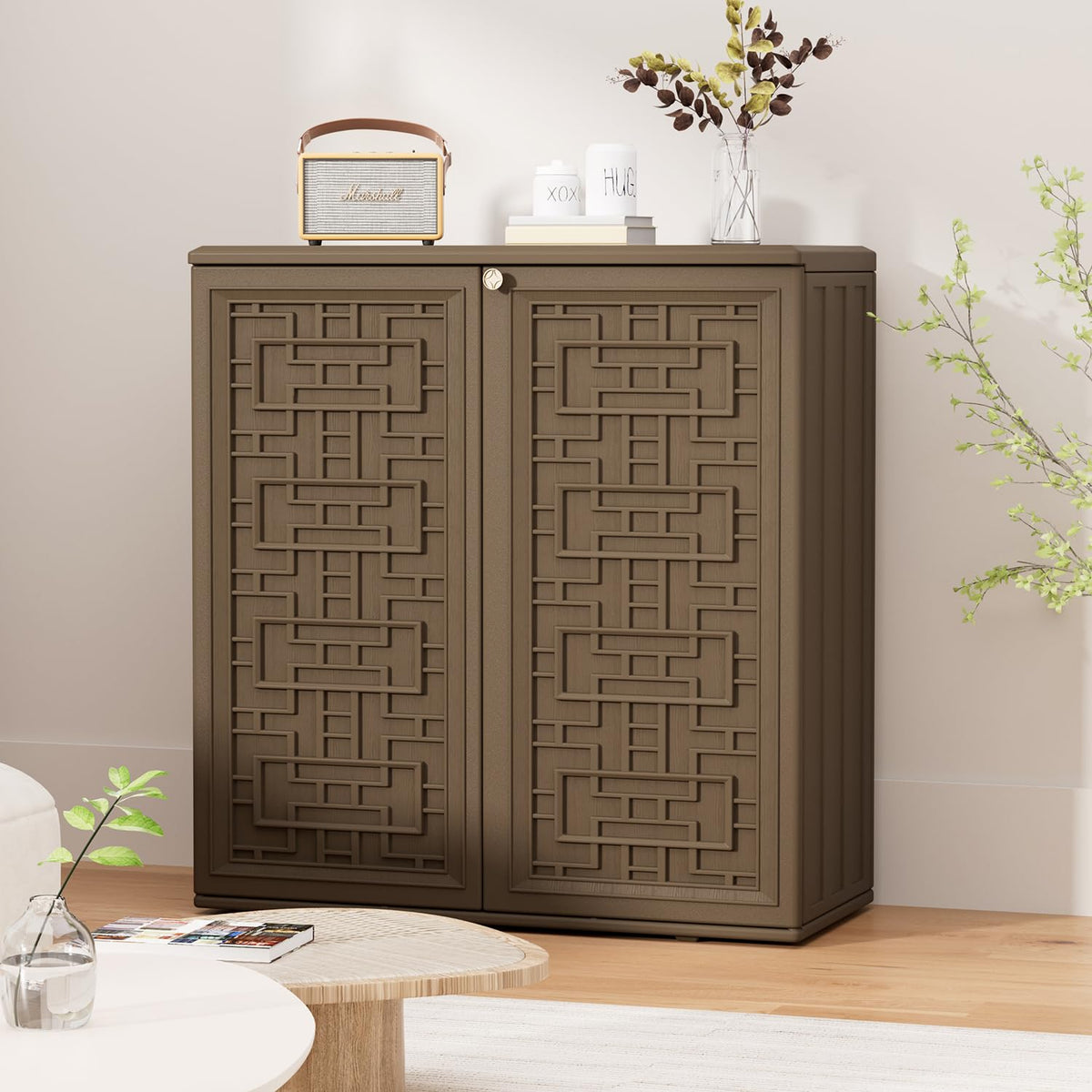 Patio scene with HOMSPARK cabinet blending with outdoor decor.