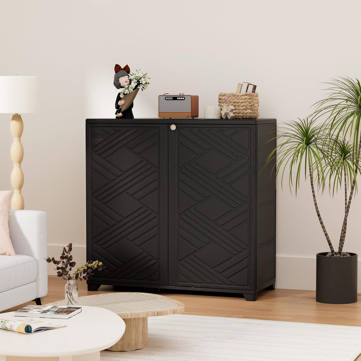 HOMSPARK open doors reveal interior shelf for garden tools.