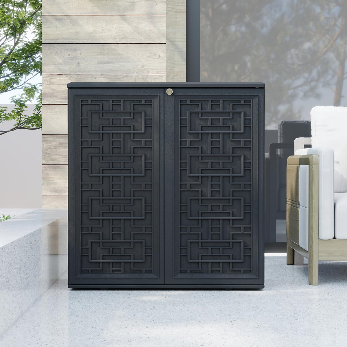 HOMSPARK black storage cabinet complements patio decor