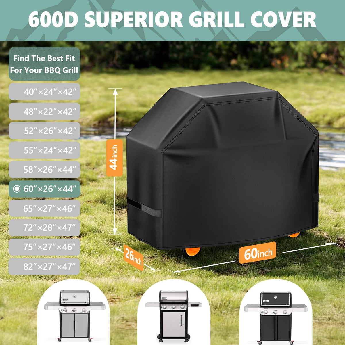 HomWanna grill cover with adjustable Velcro straps for a secure wind-resistant fit.