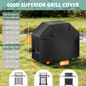 HomWanna grill cover with adjustable Velcro straps for a secure wind-resistant fit.