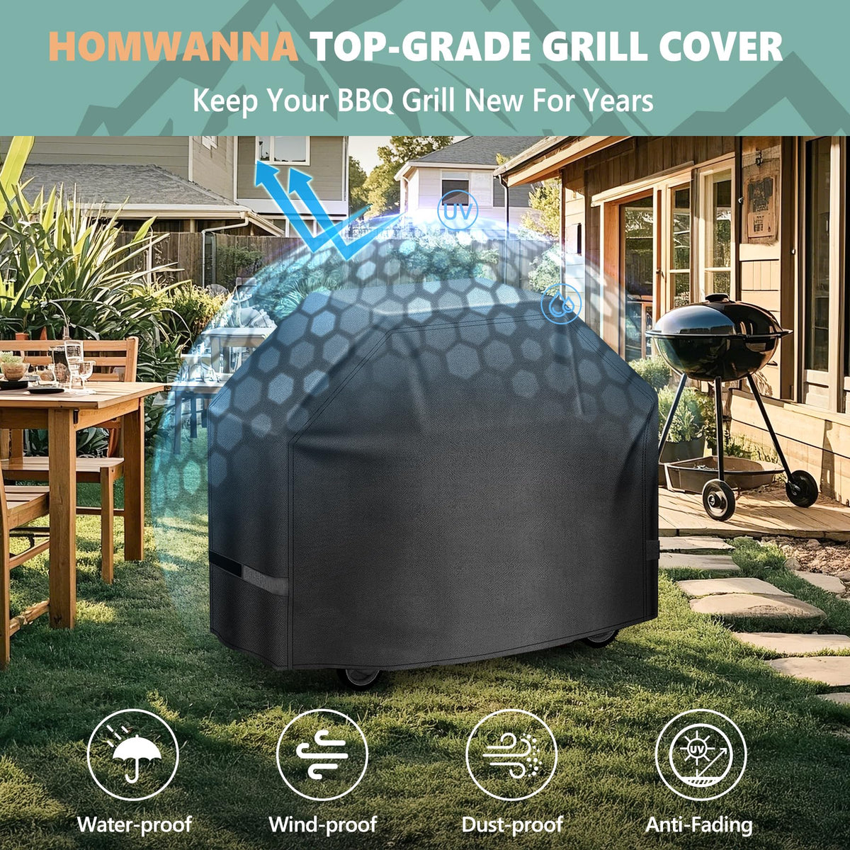 HomWanna grill cover cleans easily with water and cloth.