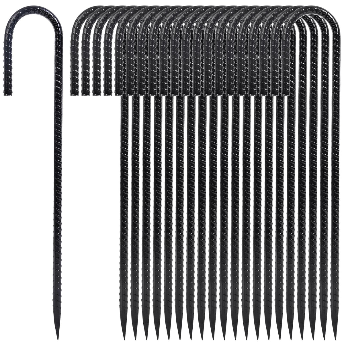 Homwin 12-inch heavy-duty rebar stakes ready for firm outdoor anchoring.