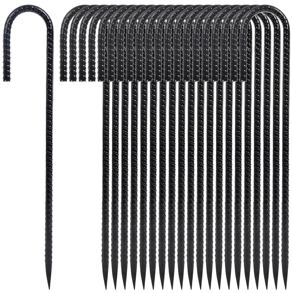 Homwin 12-inch heavy-duty rebar stakes ready for firm outdoor anchoring.