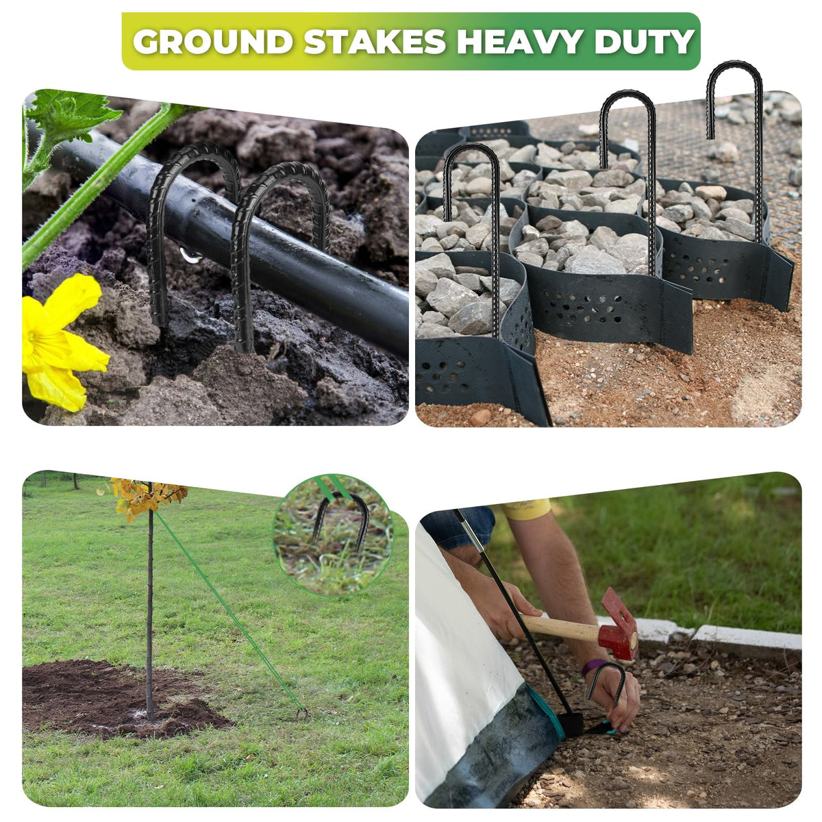 Homwin stakes arranged for tent, fence, and yard decor applications.