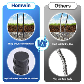 Homwin ribbed rebar stakes provide strong ground grip.