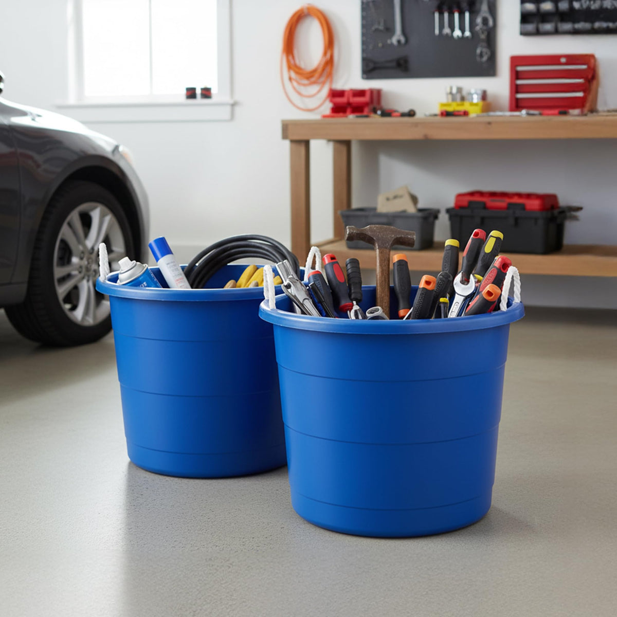 HOMZ laundry room organization with easy-to-carry tubs.