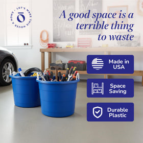 HOMZ outdoor scene with blue tubs ideal for garden storage.