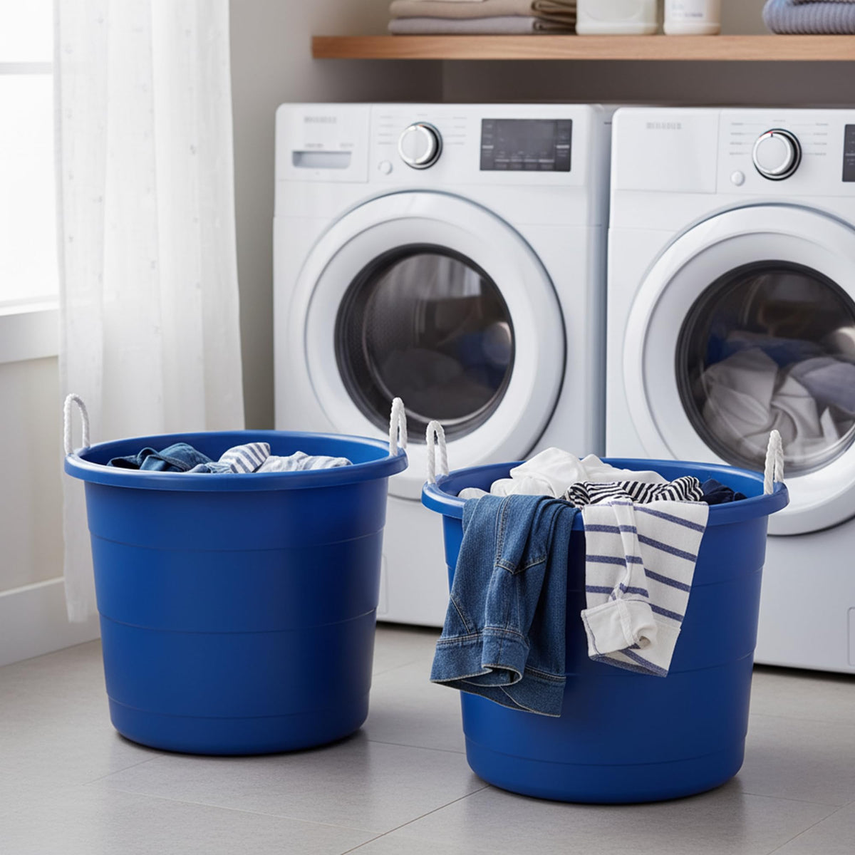 HOMZ transport-friendly blue tubs for quick cleanup at home.