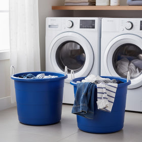 HOMZ transport-friendly blue tubs for quick cleanup at home.
