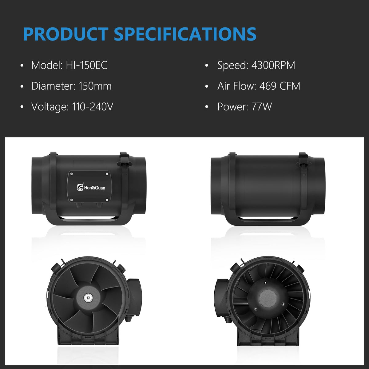 Hon&Guan inline duct fan 469 CFM control panel with built-in speed control