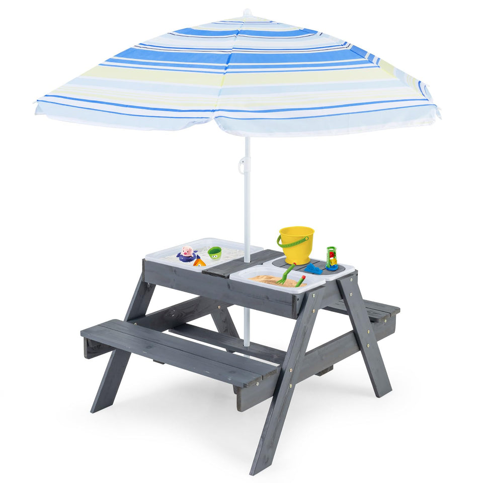Honey Joy 4-in-1 cedar kids table for sand and water play.