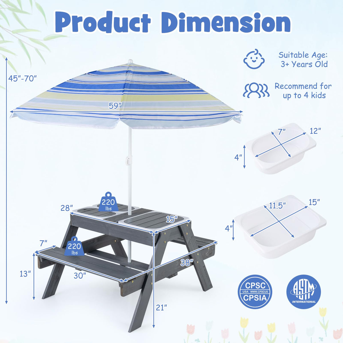 Honey Joy table and bench dimensions for patio use.