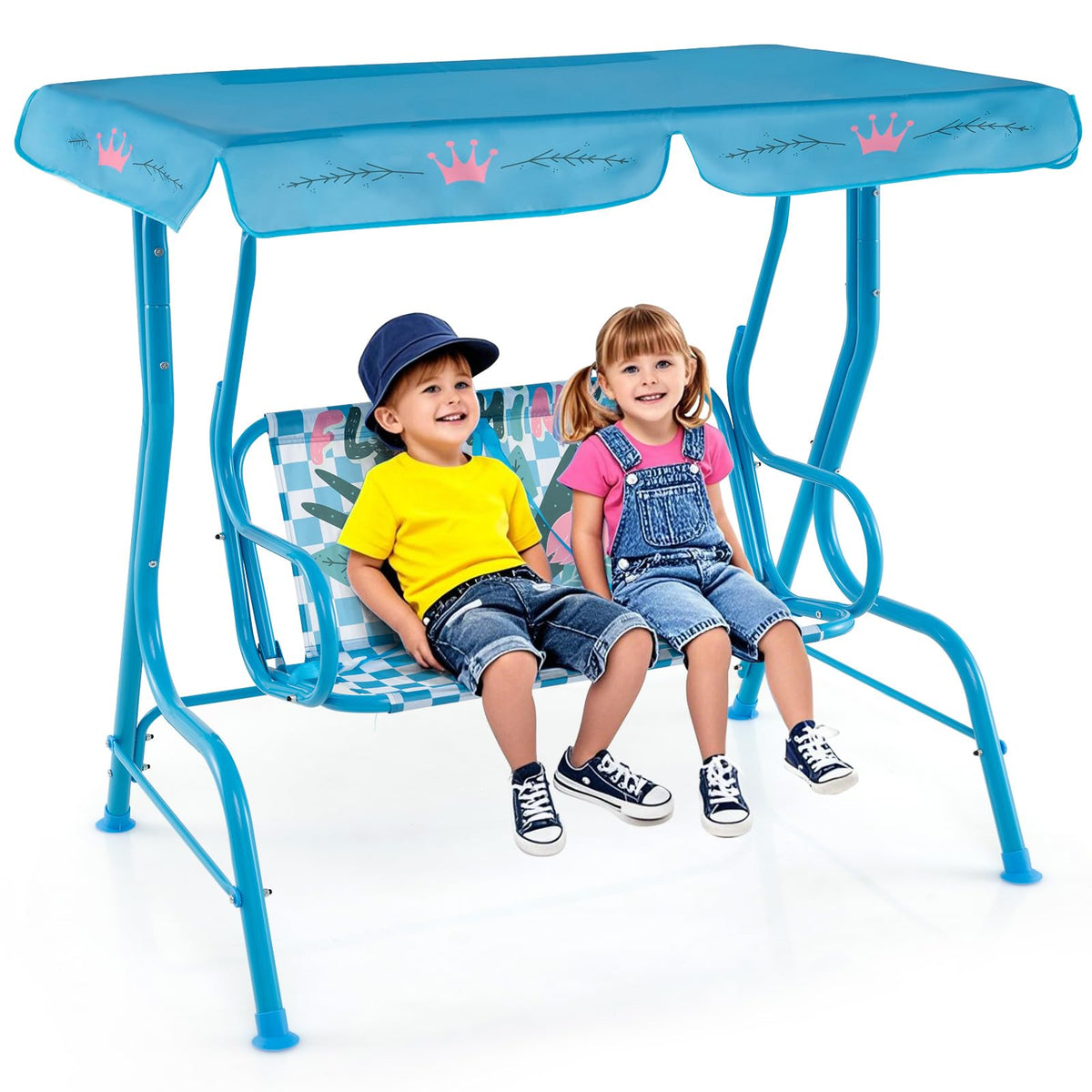 Honey Joy two-seat Kids Patio Swing in blue flamingo for shared outdoor fun