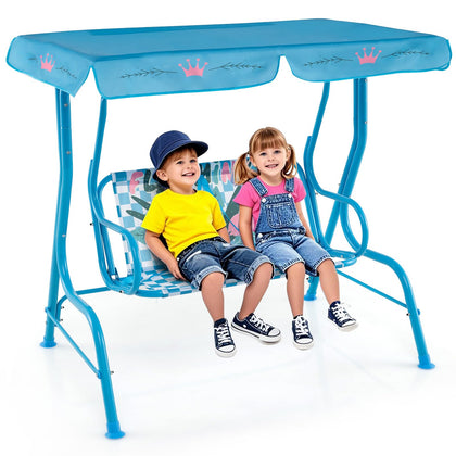 Honey Joy two-seat Kids Patio Swing in blue flamingo for shared outdoor fun