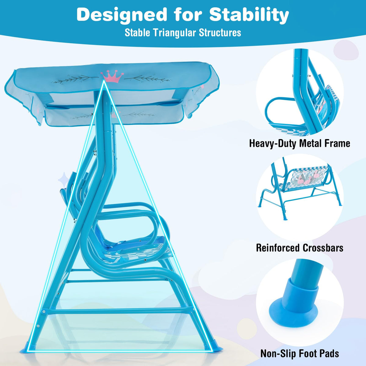Honey Joy triangular-frame swing delivering stable outdoor seating