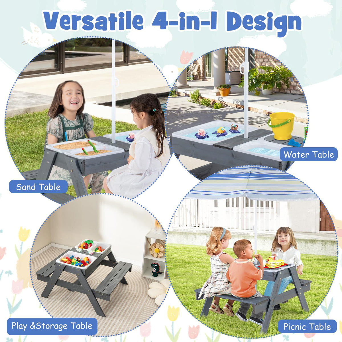 Honey Joy outdoor table with umbrella provides shade for play.