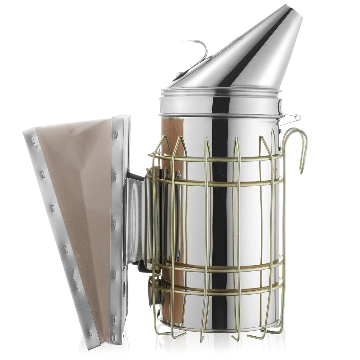 Honey Keeper stainless steel bee hive smoker shown for durable outdoor use