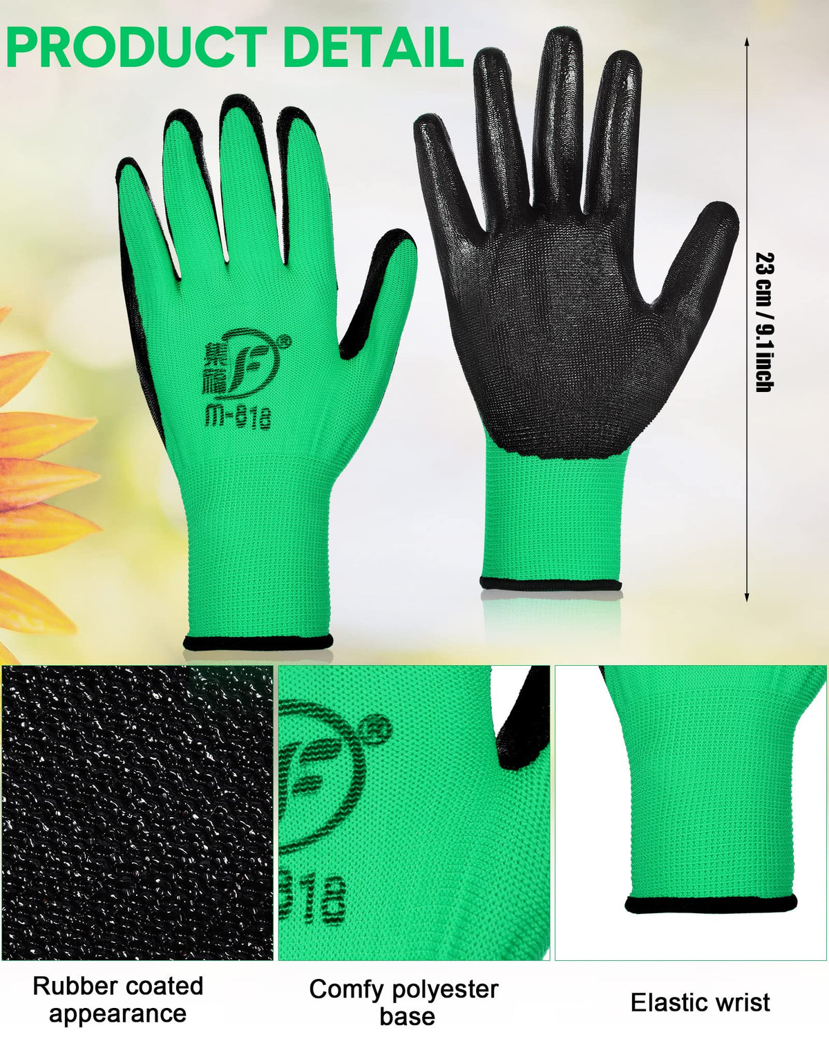 Honeydak rubber-coated garden gloves closeup showing slip-resistant grip in wet soil