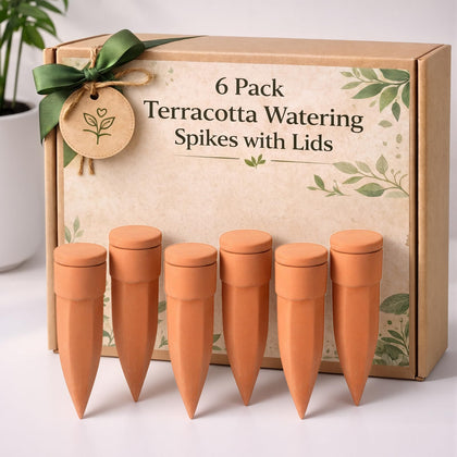 Honeydak watering spike inserted into a four-inch pot for steady hydration.