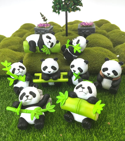 HONEYSHOW panda fairy garden figurines 8-piece set for DIY landscapes and decor.