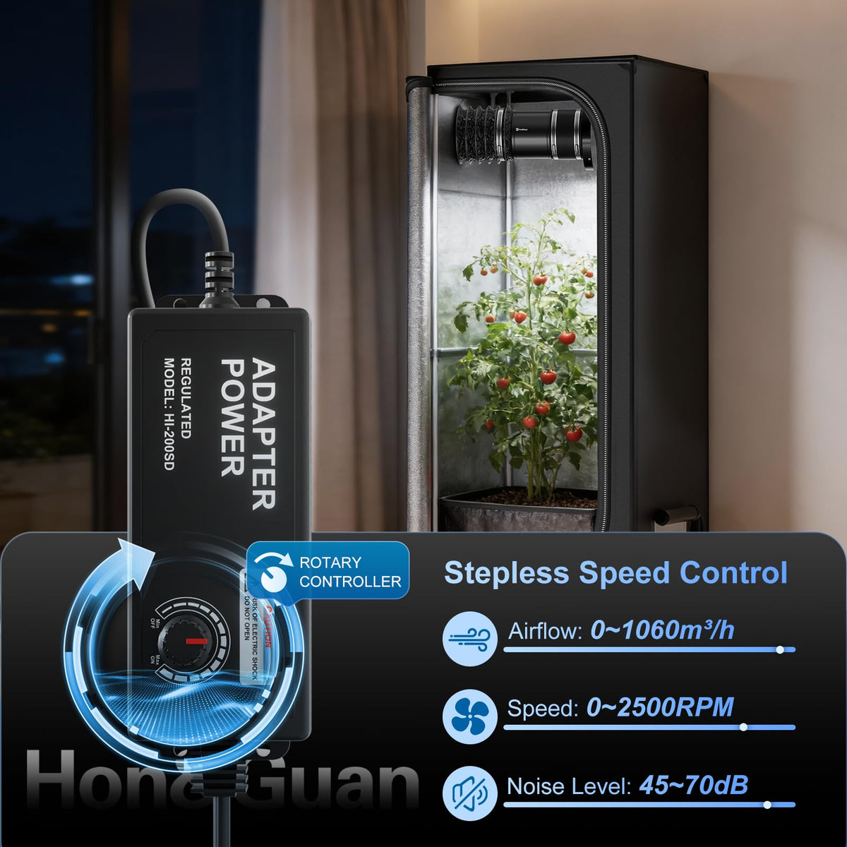 Hon&Guan 8-inch inline booster fan with adjustable speed controller in use