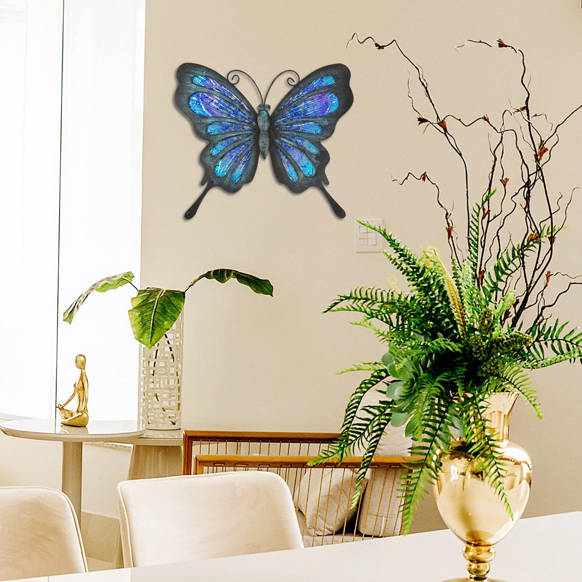 HONGLAND blue butterfly wall art hanging on nail demonstrates simple setup
