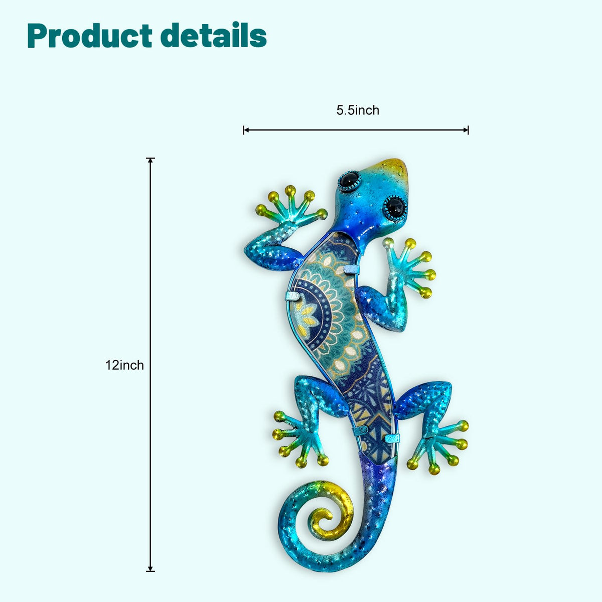 HONGLAND Metal gecko with 3D eyes enhances fence or patio decor.