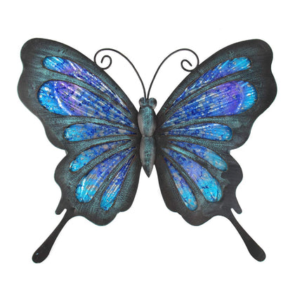 HONGLAND metal butterfly wall decor blue close-up highlights premium blue finish for outdoor walls