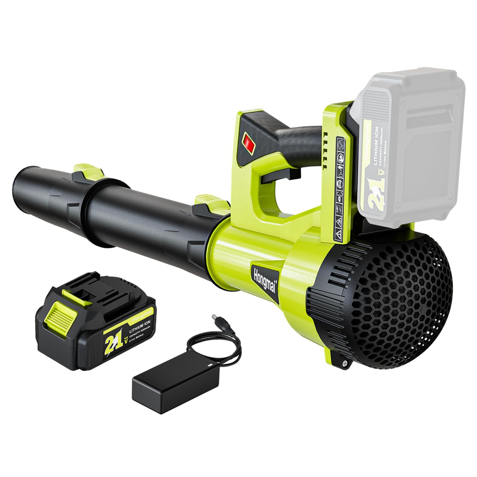 Hongmai Leaf Blower battery charging setup for quick yard readiness.