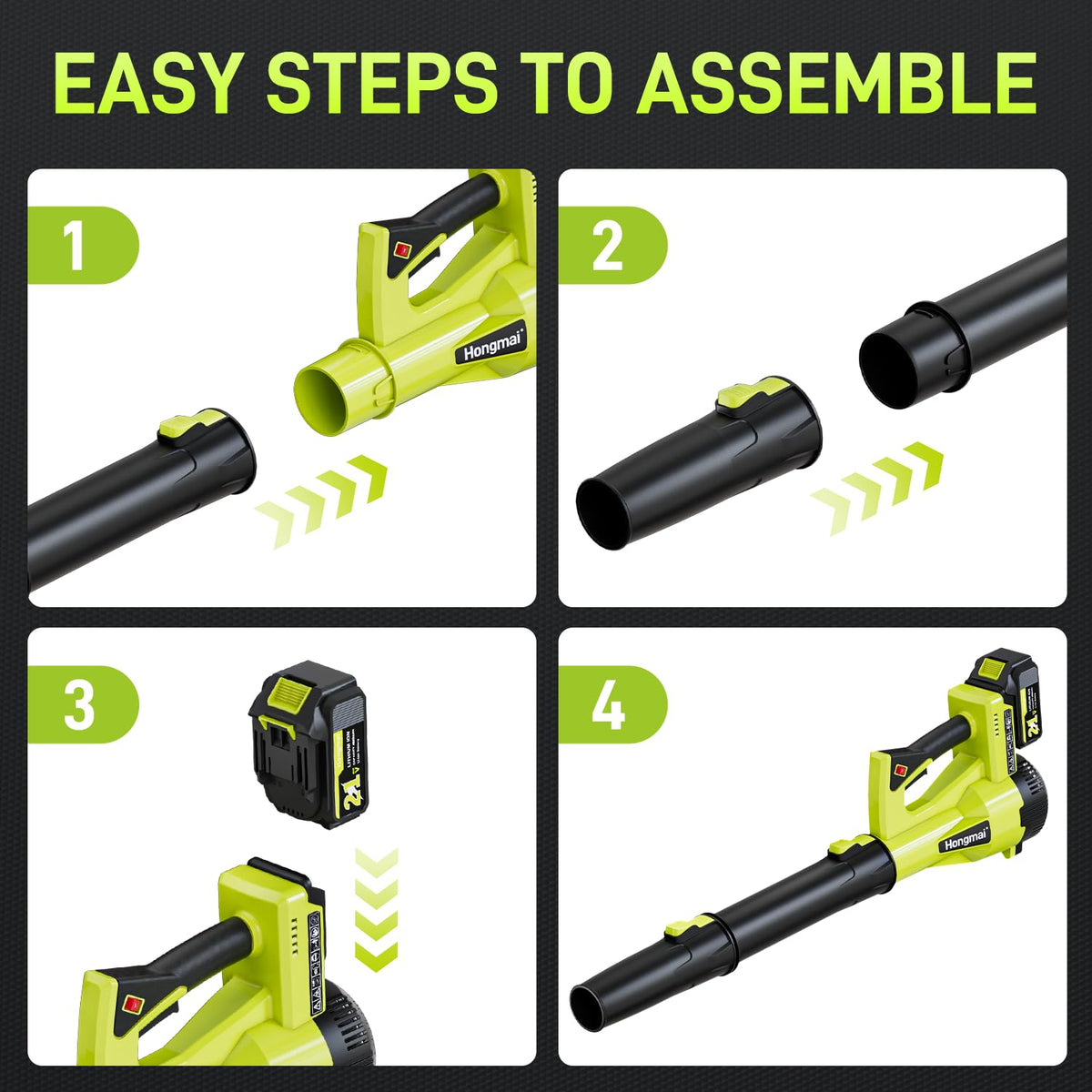 Hongmai Leaf Blower compact cordless design stores easily.