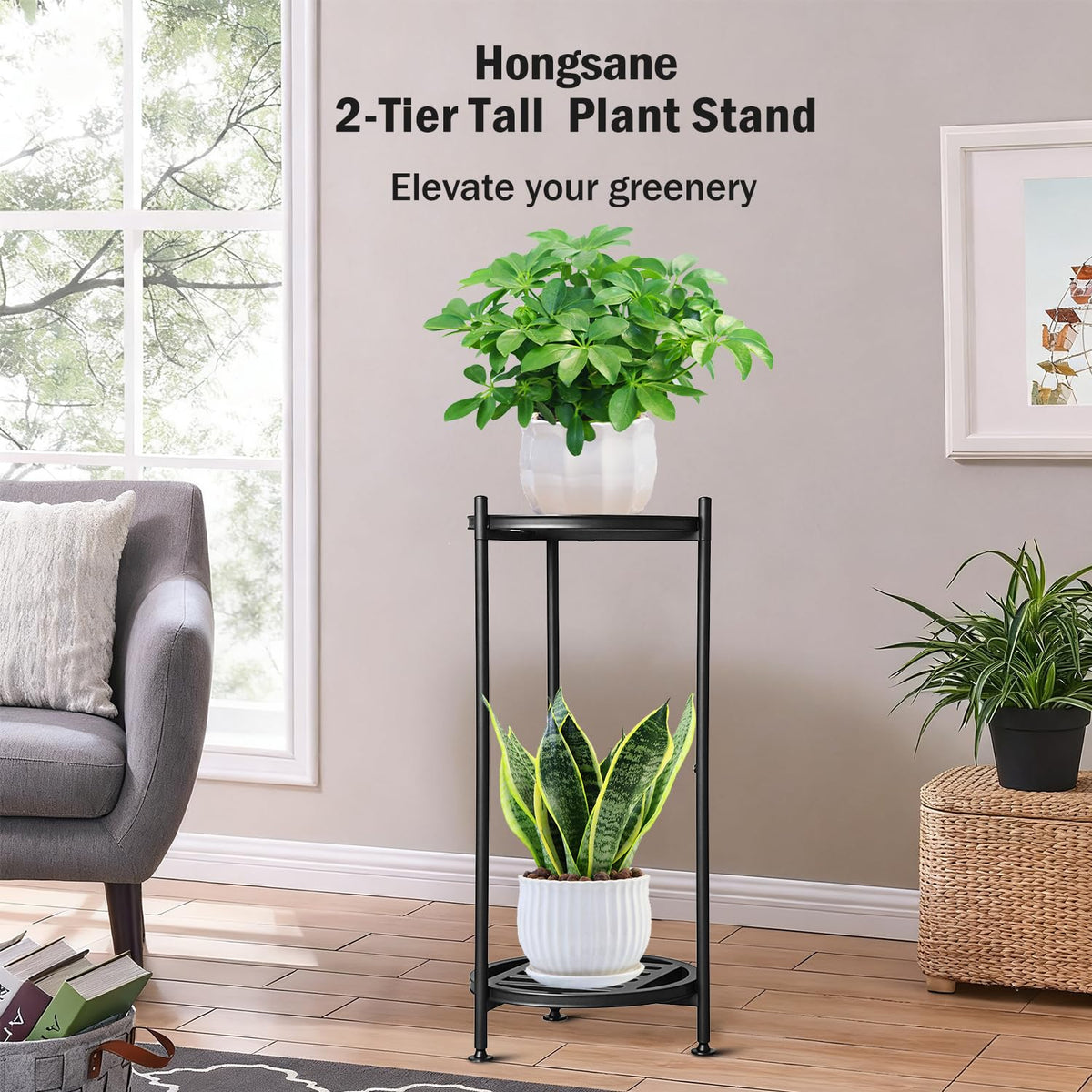 Hongsane heavy-duty metal plant stand supports a substantial outdoor planter.