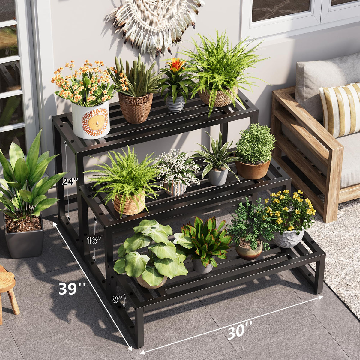Hongsane 3-tier plant stand side view showing versatile layouts for space efficiency