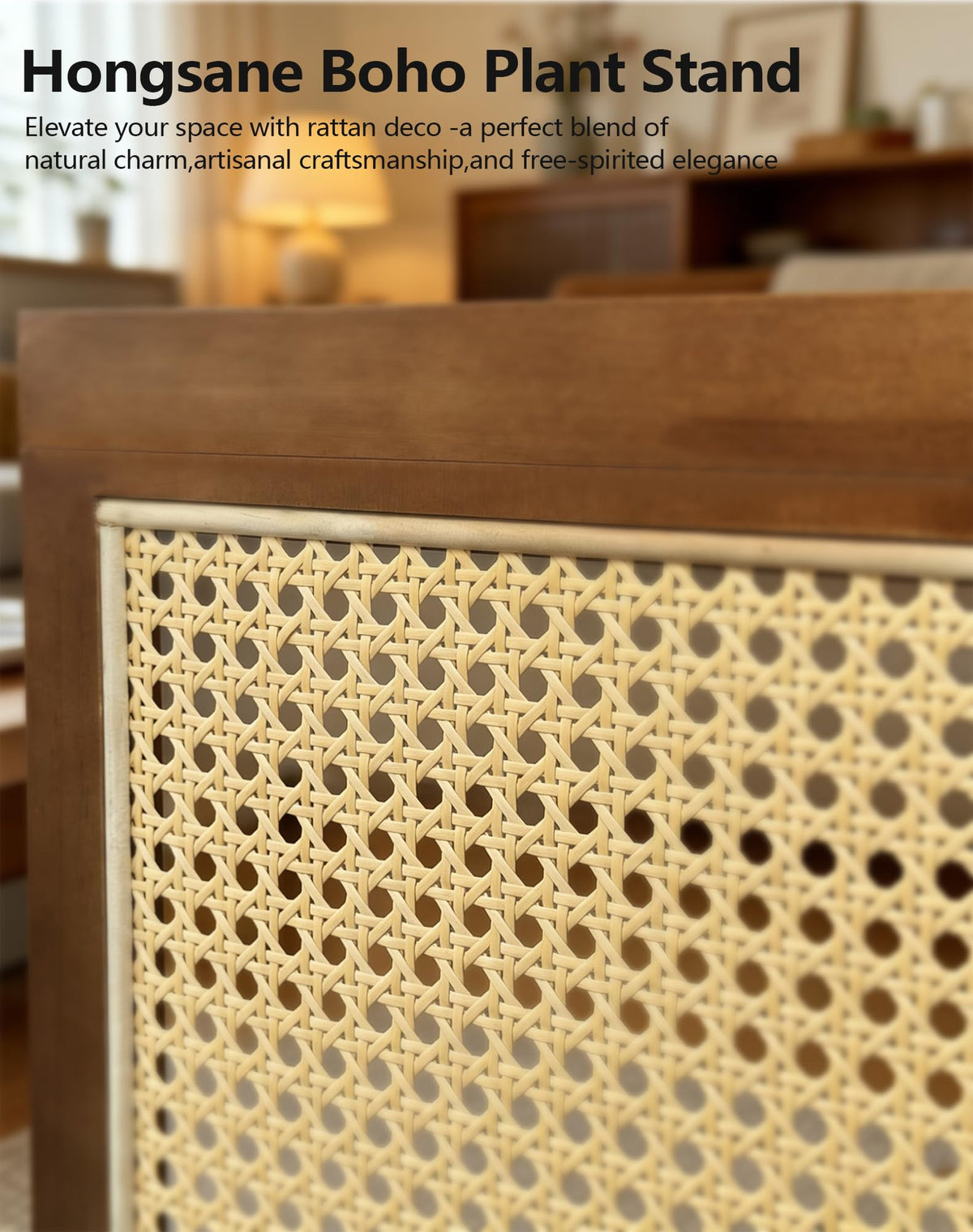 Hongsane plant stand combines rattan texture with wood warmth for chic decor.